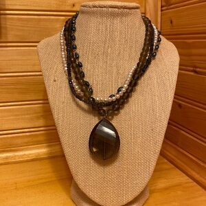 David Aubrey Torsade Style Necklace Smoky, Peacock Blue, White Pearl, Amethyst